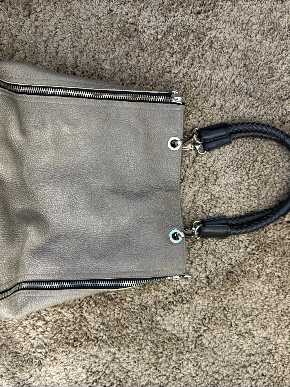 Barbara Rihl Patch-Accent Gray Tote with Braided Black Handles